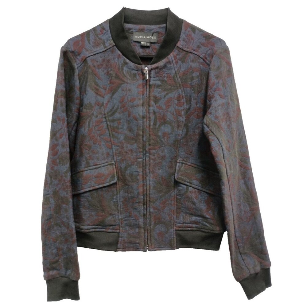 Adria Moss Bomber Jacket Womens Small Blue‎ Red Floral Jacquard Outdoor Grunge